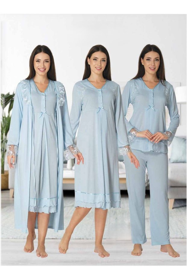 Women's Blue Lace Stylish Long Sleeve Design Maternity Hamie Dressing Gown Nightgown Pajama Set (Effort)