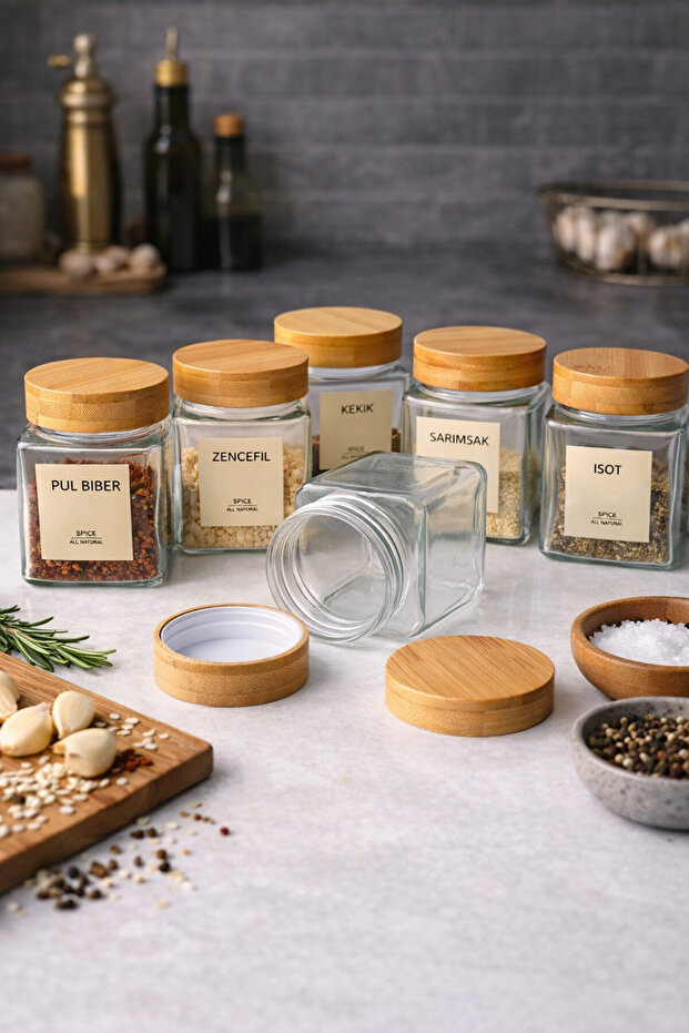 Set of 6 Glass Spice Jars with Bamboo Lids – Leak-Proof Inner Lid, 300 Ml, Stylish & Minimalist Design