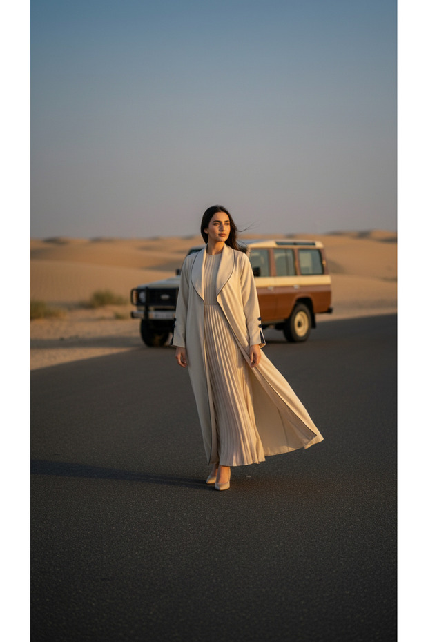 Open Beige Formal Kimono Abaya