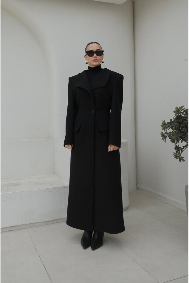 Black Single Button Stamp Coat - 1