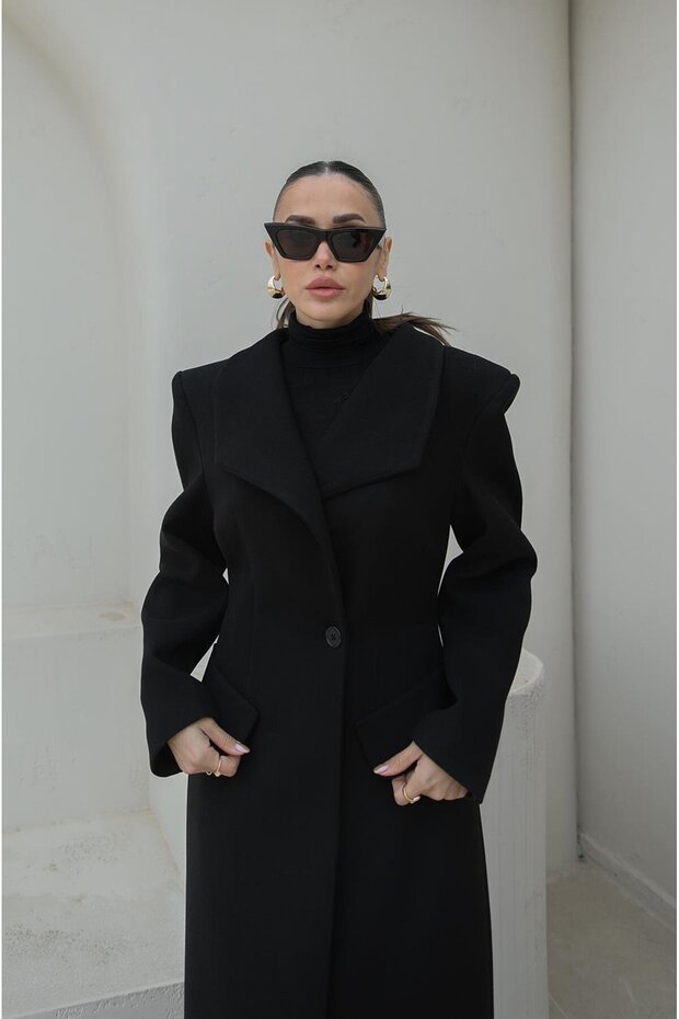 Black Single Button Stamp Coat - 4