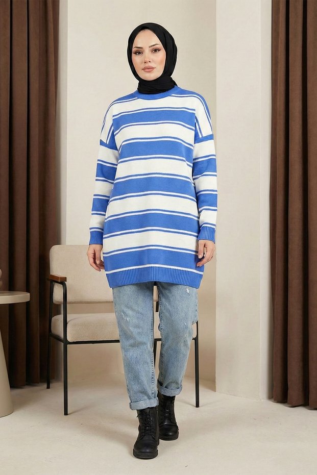 Thick Striped Knitwear Tunic - Blue