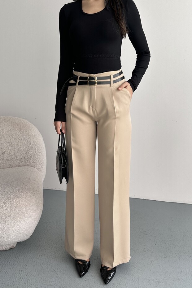 Women's Palazzo Pants with Belt |   High Waist Wide Leg Casual Double Belt Design
