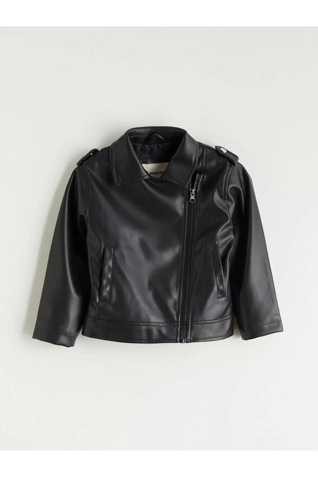 Black Leather Look Girl's Coat (S6)