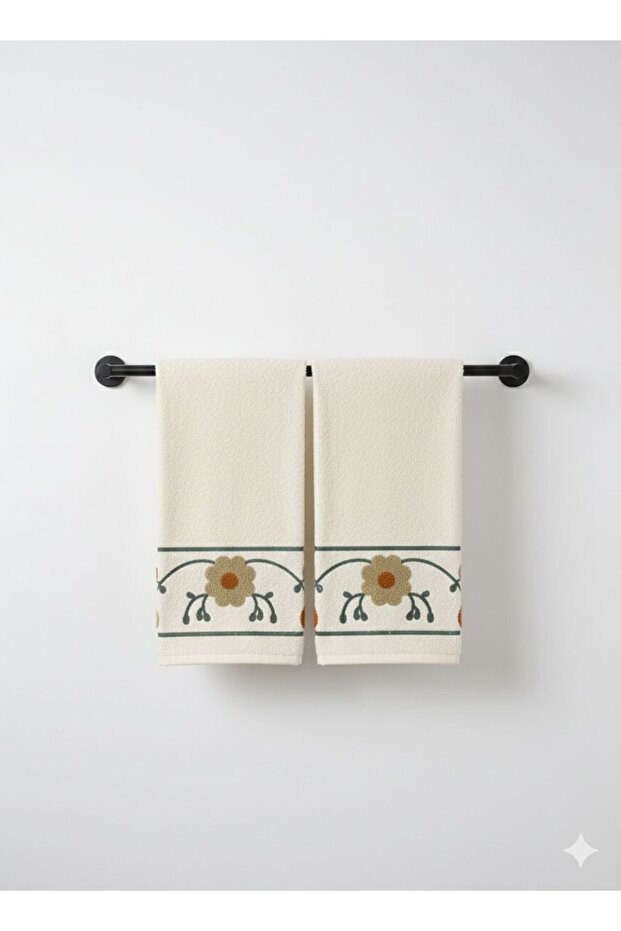 Set of 2 Punch Embroidered Hand and Face Towels - 100% Cotton 50X90 cm - Boho Embroidered Soft Texture
