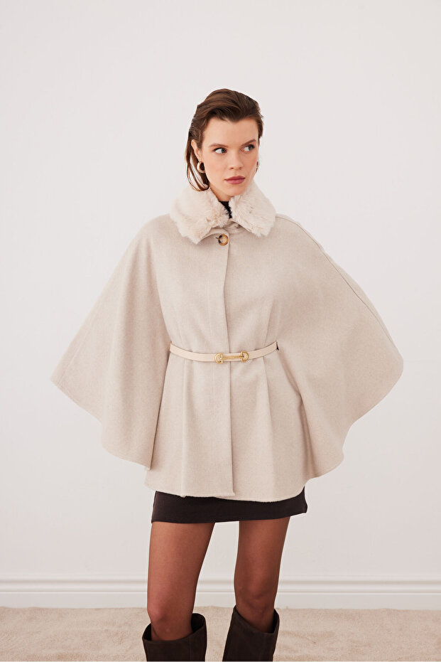 Women's Belted Cashmere Poncho with Fur Collar - Cream - Sevde Ugur