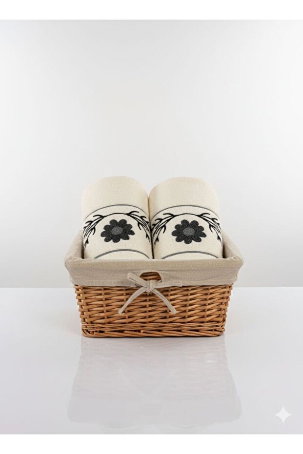 Set of 2 Punch Embroidered Hand and Face Towels - 100% Cotton 50X90 cm - Boho Embroidered Soft Texture