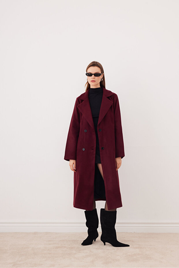 Women's Cashmere Double-Breasted Collared Buttoned Lined Coat – Casual & Stylish – Burgundy - Sevde Ugur