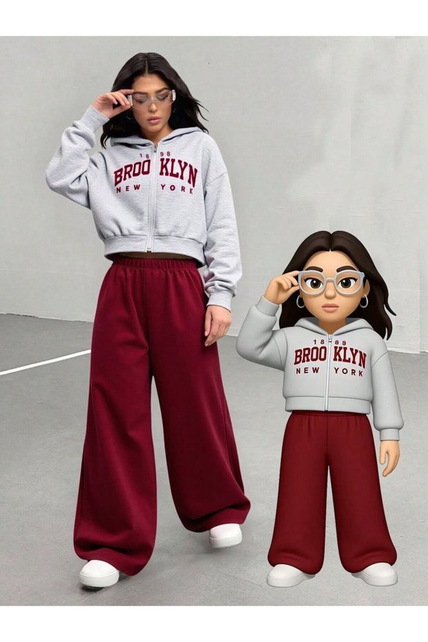 Brooklyn Printed Girls' Winter Children's Top and Bottom Set Wide Leg