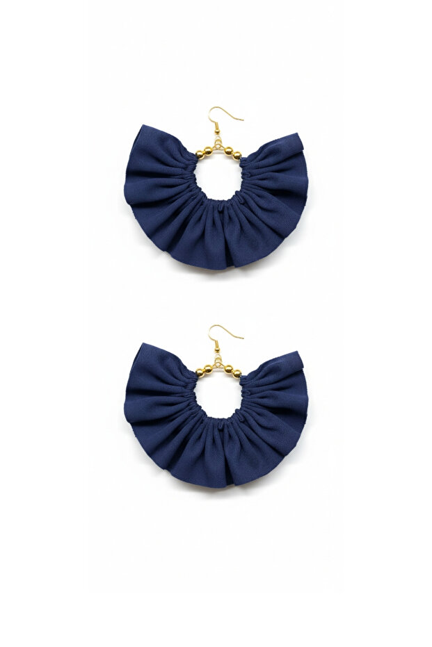 Gold Color Hoop Earrings – Navy Blue Fabric Beaded Design