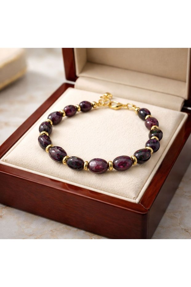 Natural Stone Bracelet with Garnet (Lal) Stone and Gold Detail