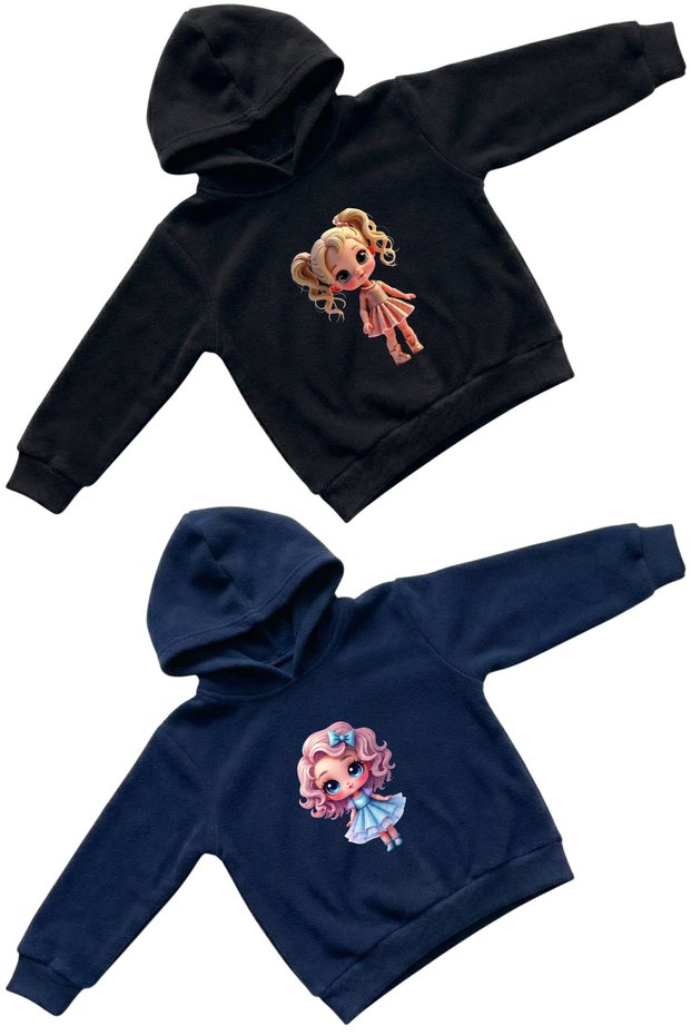 Girl's Black Navy Blue Cute Baby Girl Figured Printed Hooded Sweatshirt Hoodie