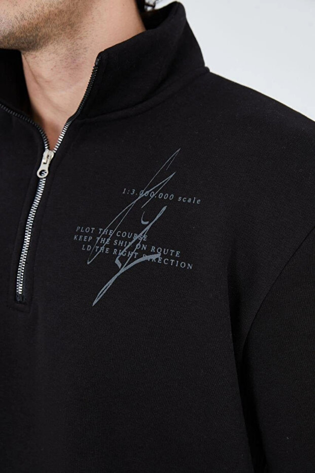Men's Half Zipper Printed Three-Thread Cotton Pack Sweatshirt - Black - 5
