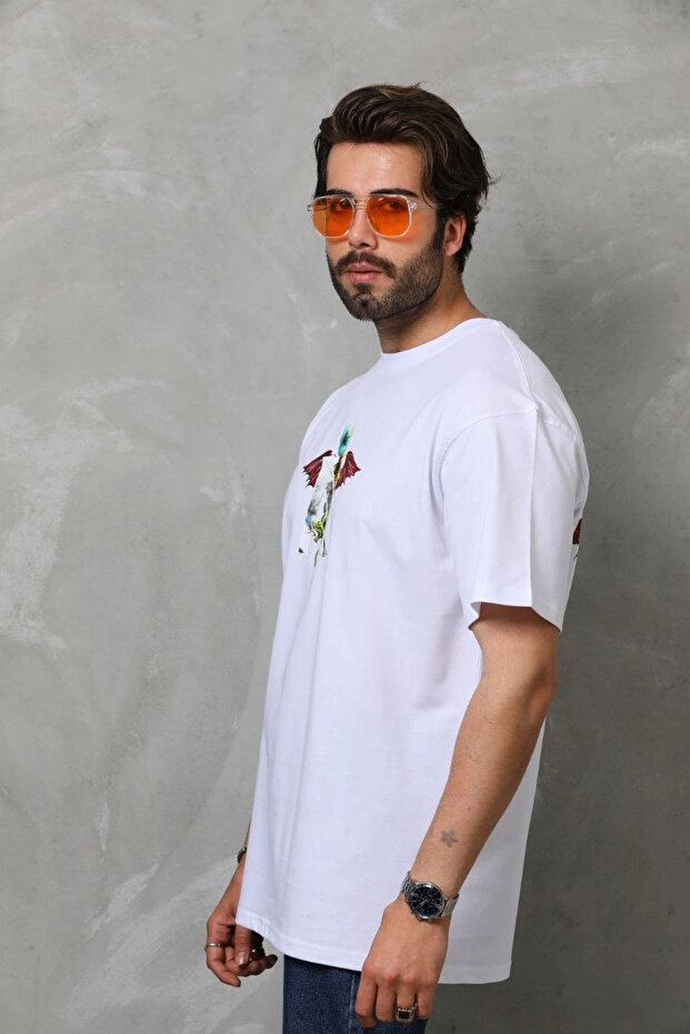 قميص رجالي بياقة دائرية مطبوعة مقاس كبير - أبيض - 6