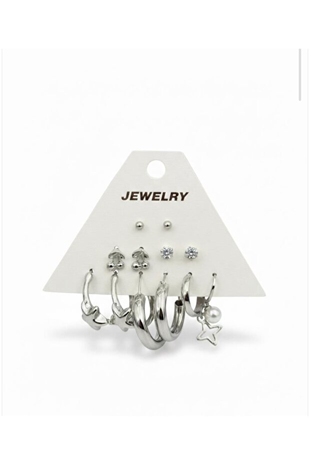 Silver Color 12Pcs(6 Pairs) Stainless Steel Earring Set 20