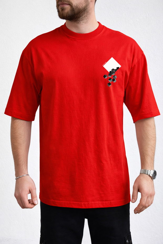 Men's Cubic Form Detailed Crew Neck Red T-Shirt