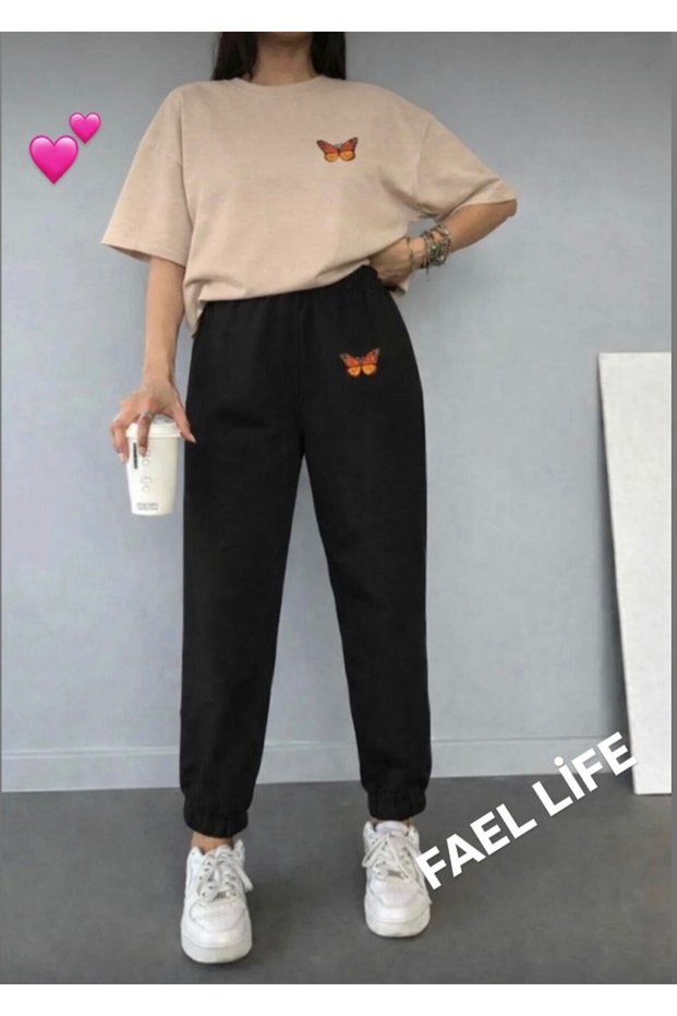 Women'S/Men's T-Shirt and Sweatpants Orange Butterfly Printed Top and Bottom Set