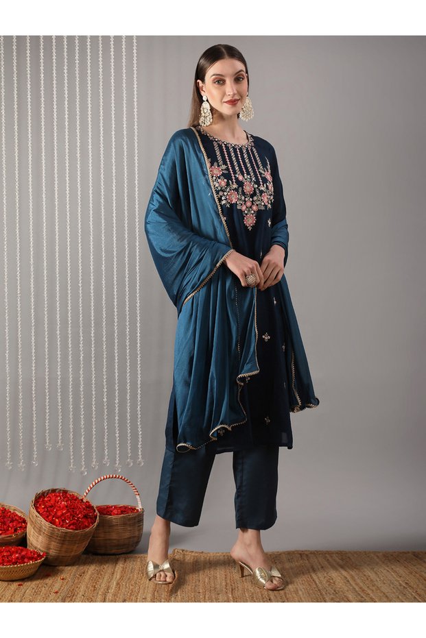 Women Navy Blue Embroidered Straight Kurta with Pant and Dupatta Set