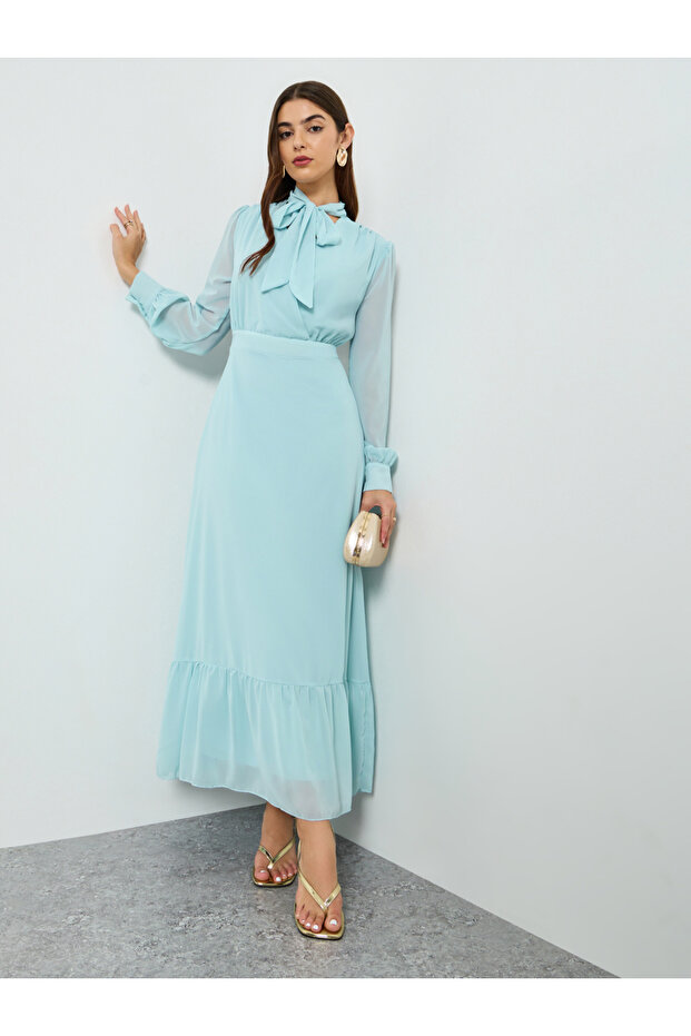 Women Blue Chiffon Tie Up Neck Maxi Dress