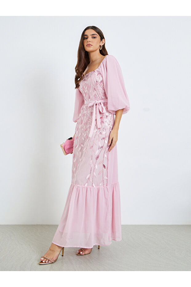 Women Pink Embroidered Puff Sleeves Maxi Dress