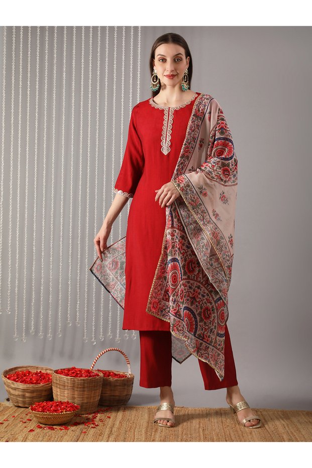 Women Red Embroidered Straight Kurta with Pant and Ethnic Dupatta Set