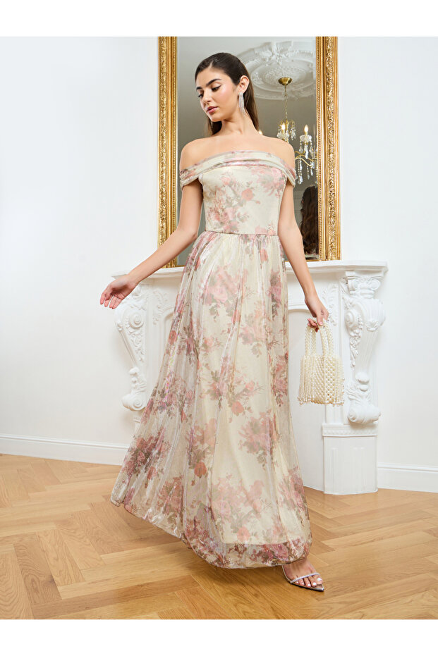 Women Beige Ditsy Print Off Shoulder Maxi Dress
