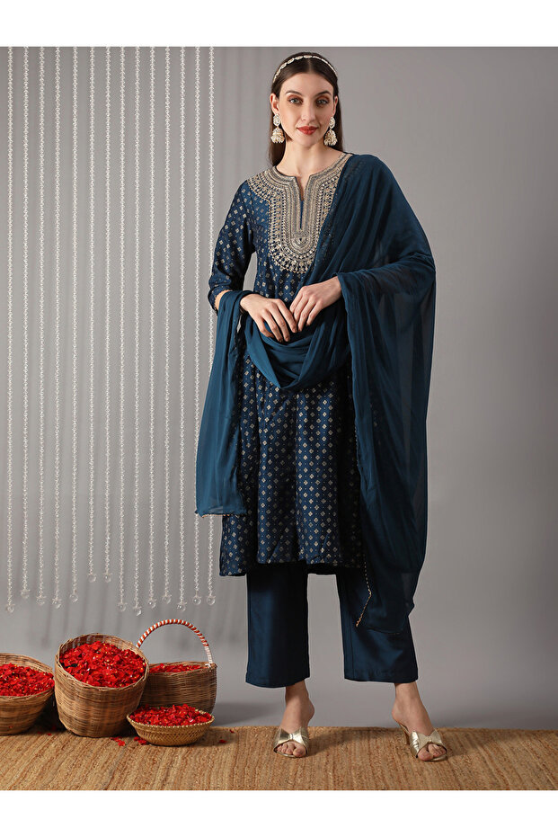 Women Navy Blue Embroidered Yoke Design Kurta with Pant and Dupatta Set