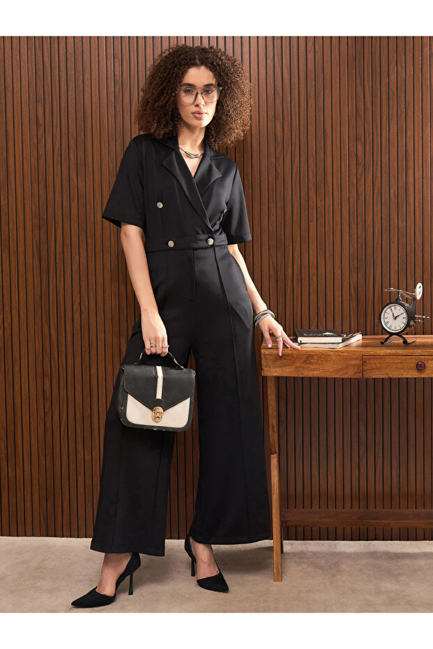 Women Black Straight Leg Buttoned Jumpsuit