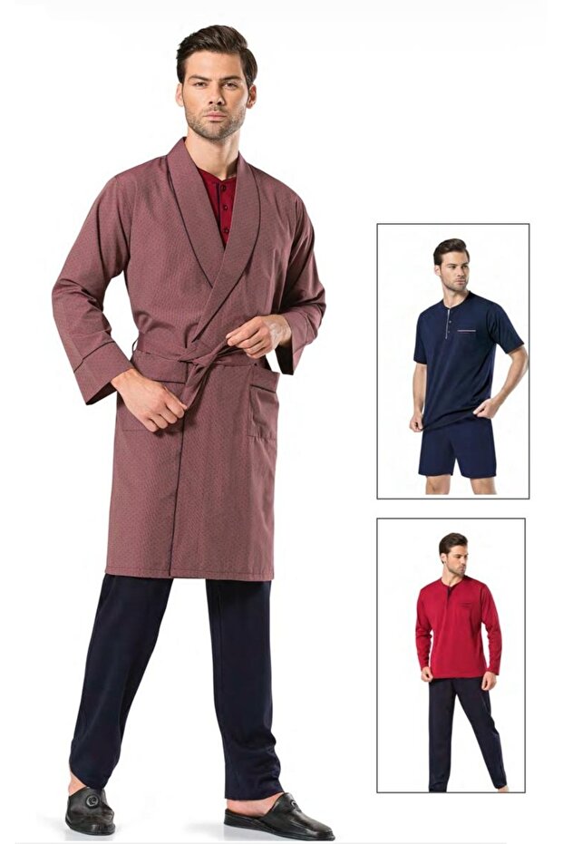 Men's 5 Piece 100% Cotton Long Robe+Pajama Set+Shorts Set Boxed Groom Dowry Set