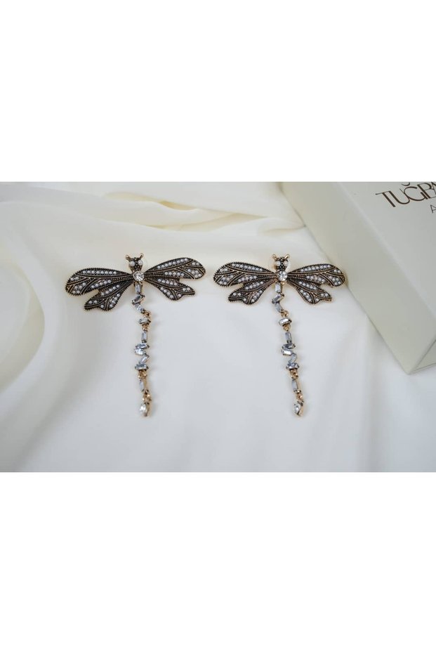 Bkp082 Pearl Detailled Hanging Earrings with Dragonfly Figure (Length 75 mm)