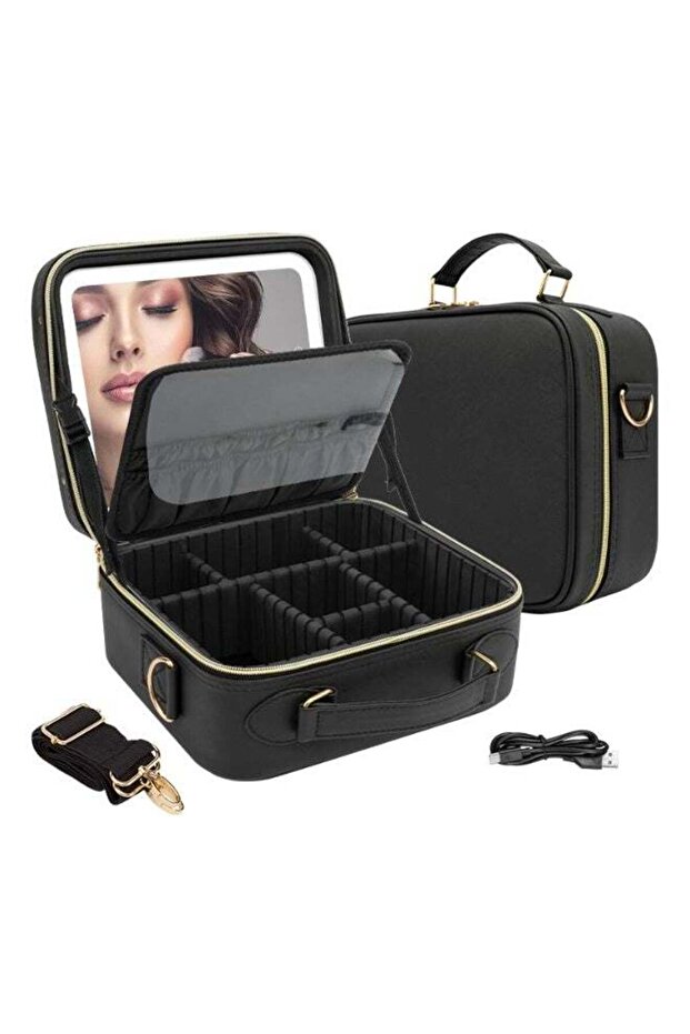 LED Mirror Makeup Storage Case with Touch Button Light, High Capacity Cosmetic Organizer Bag with Re
