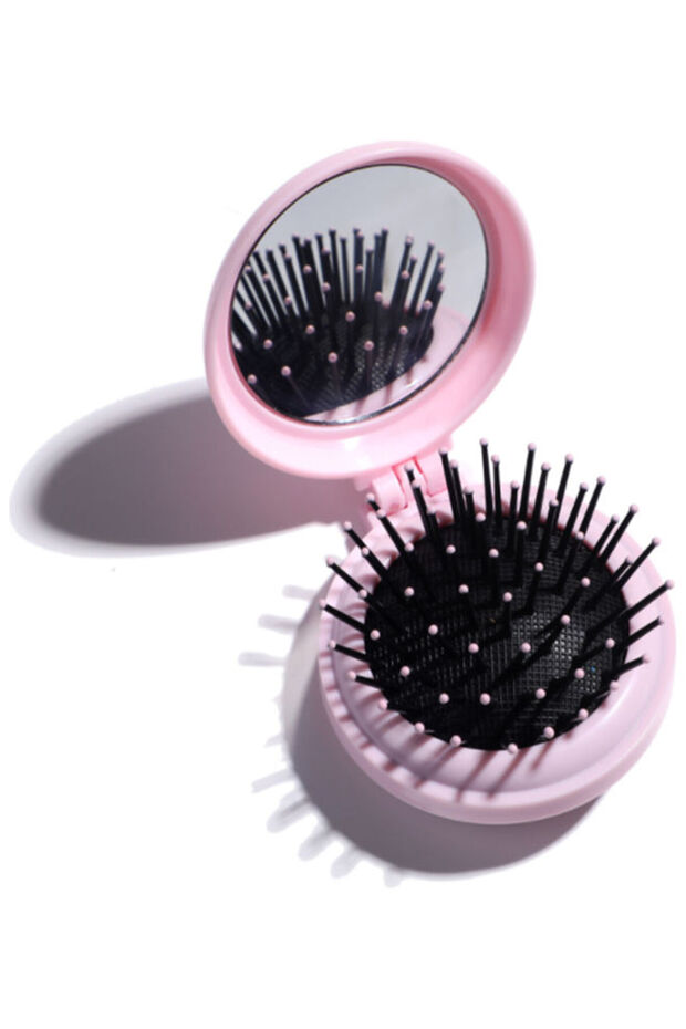 مشط فك تشابك الشعر مع مرآة وردية اللون - 1