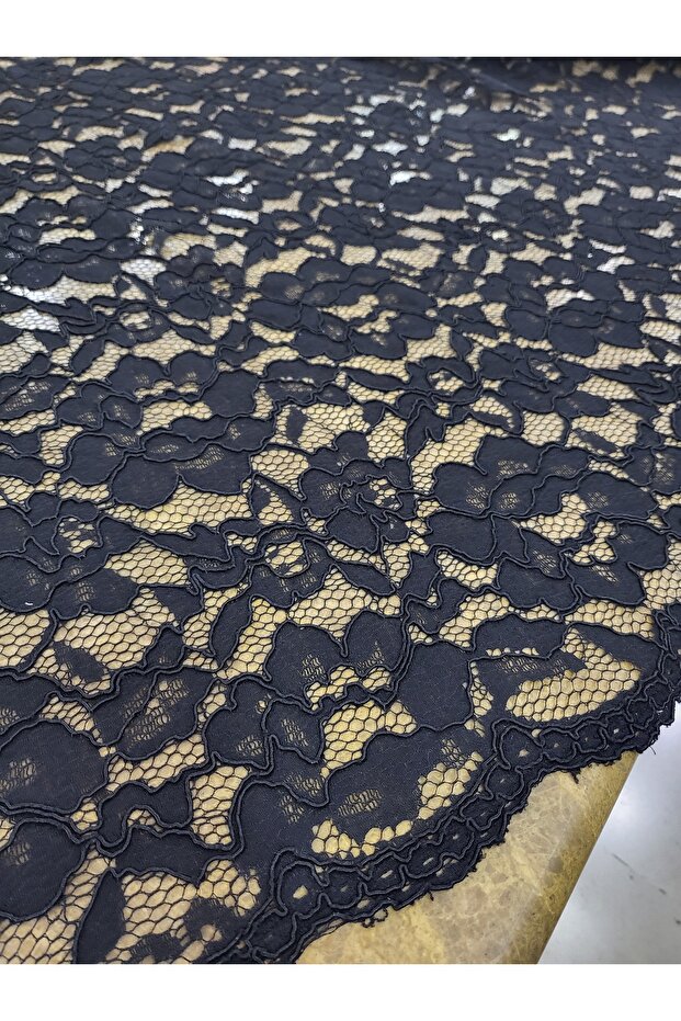 Black Corded Lace Fabric 140 cm Wide | Embossed Floral Patterned Mesh Lace