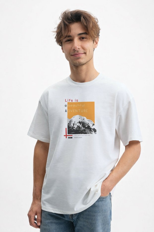 Men's Free Spirit Mountain Silhouette Printed Crew Neck White T-Shirt
