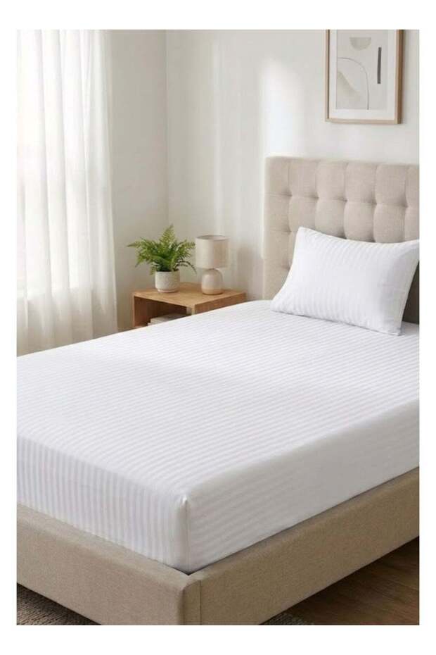 2-Piece Microfiber Single Fitted Sheet Set – White Striped 90×190 cm with Full Elastic
