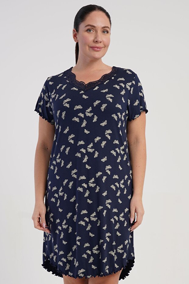 Women's Plus Size Lace Collar Short Sleeve Navy Blue Nightgown Tunic C8T3N0805