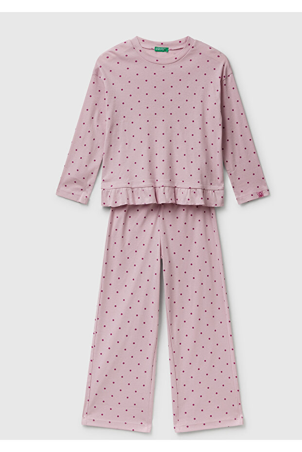 Girl's Pale Pink Patterned Ruffle Detailed Pajama Set