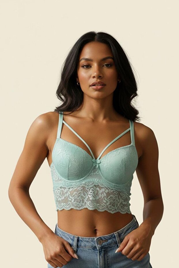 Mint Green Lace Bralette with Underwire Support and Rope Detail - Strappy Push up Bustier Bra