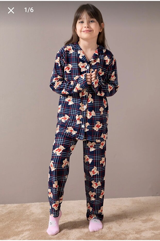 Girls' Cotton Button-Down Suede Shirt Collar Pajama Set