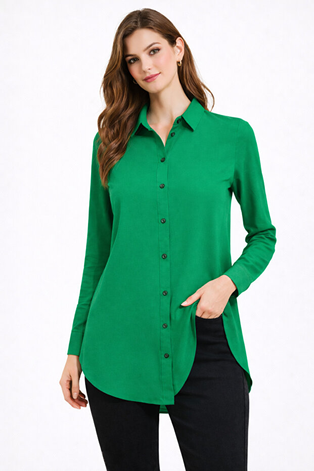 Women's Oversized Green Long Sleeve Plain Shirt – Long Fit Cut on the Back - Viscose Fabric