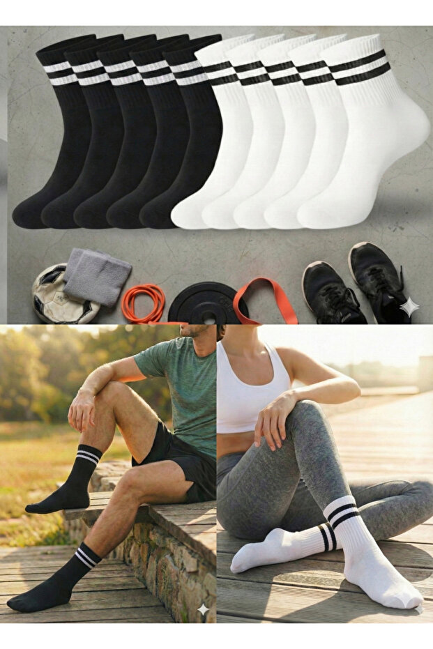 Mixed Pack of 10 (5 Black, 5 White) Striped College Tennis Socks