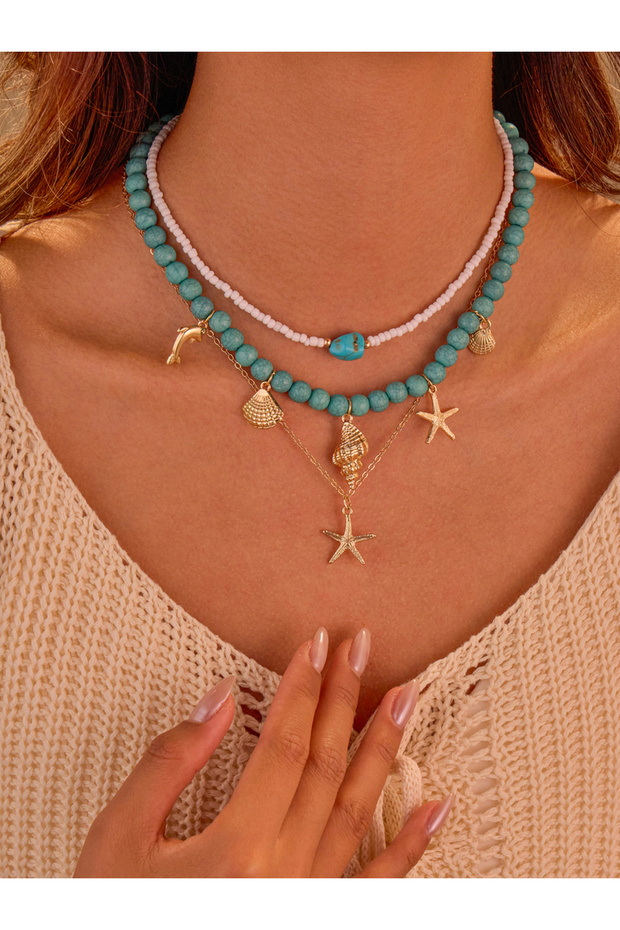 Pack of 3 - Teal Beaded Ocean Charm Necklace
