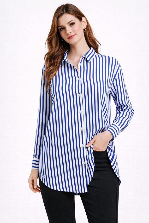Women's Oversized Blue and White Striped Long Sleeve Buttoned Shirt – Relaxed Fit, Flowy Blouse -