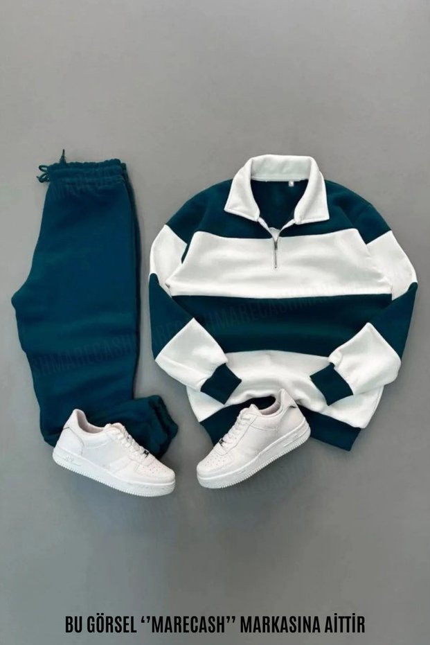 Polo Collar Petrol Blue White Zippered Plain Tracksuit Set Top and Bottom Winter 3 Thread 100% Cotton