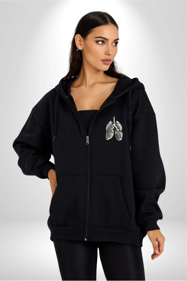 Printed Oversize Zippered Black Unisex Hooded Cardigan