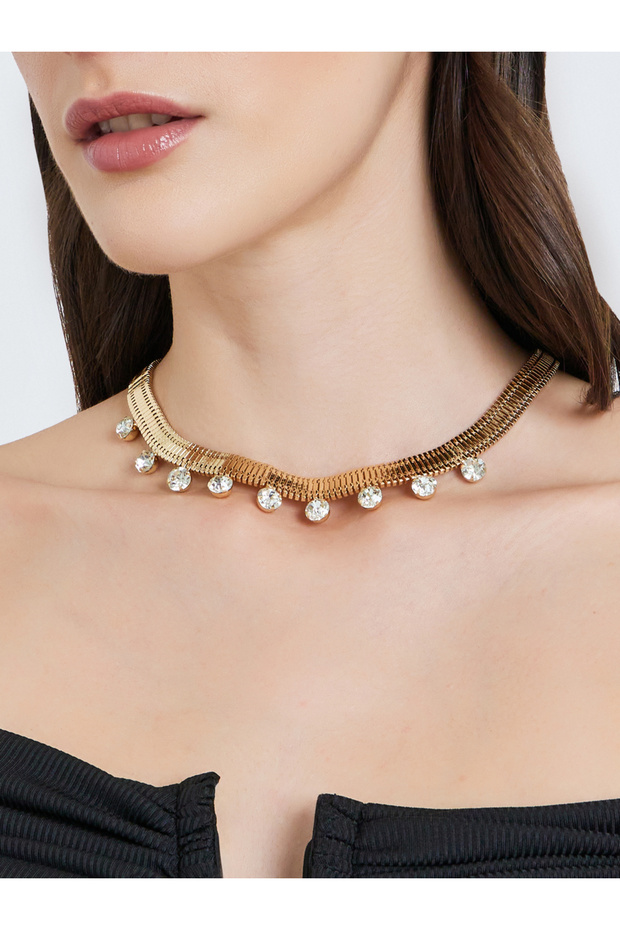 Gold Tone Snake Chain Necklace with Crystal Drops