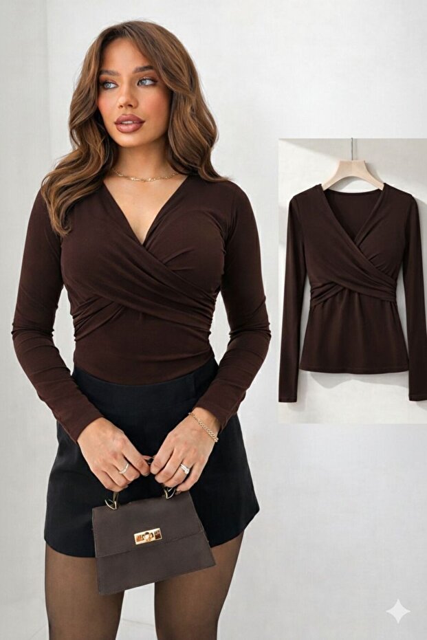 NEW PRODUCT Women's Cross-Front Detail V-Neck Sandy Fabric Long Sleeve Blouse 02