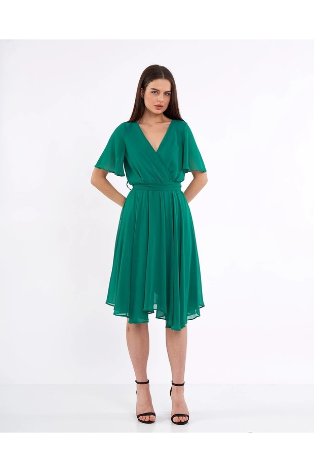 V-Neck Butterfly Sleeve Elastic Waist Chiffon Dress Green