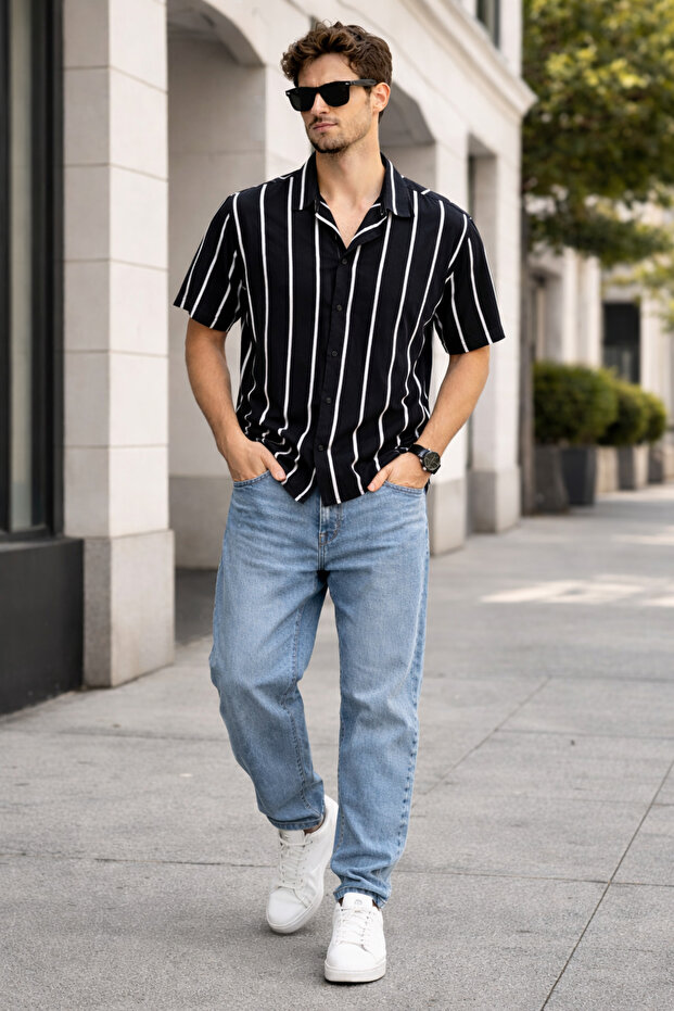 Men's Knitted Fabric Short Sleeve Shirt and Baggy Pants 2-Piece Combination