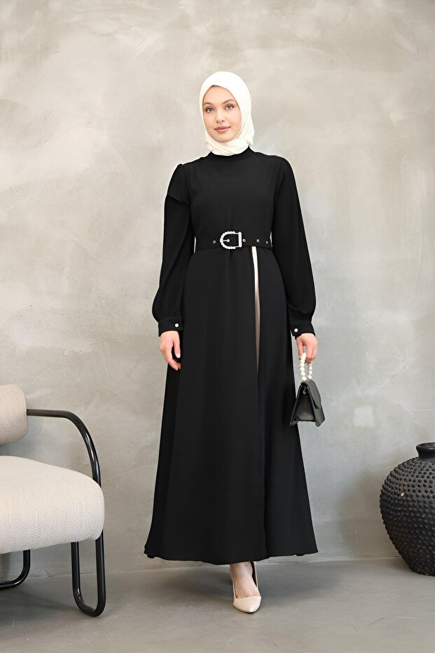 Asymmetrical Cut Belted Two-Color Long Hijab Dress - Black